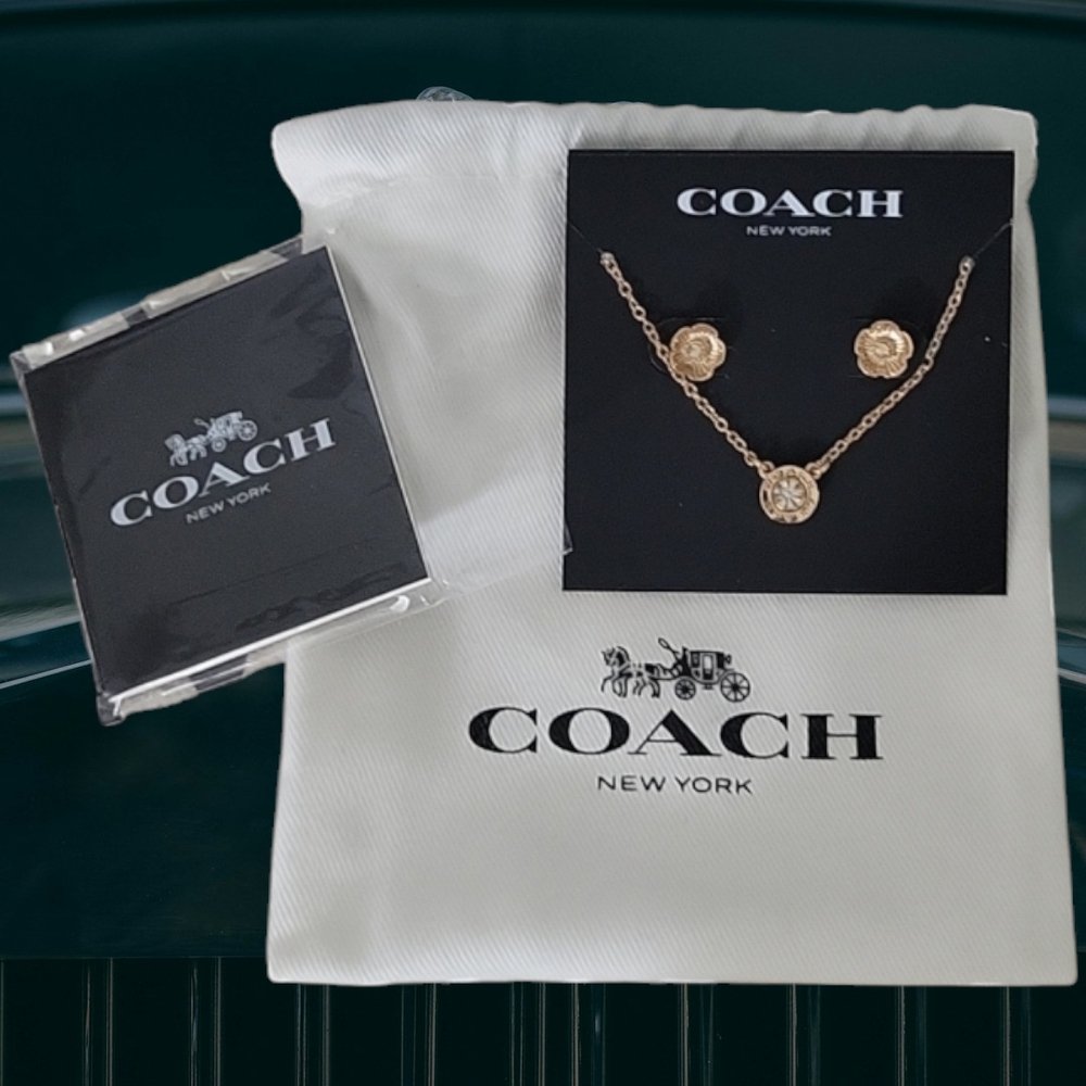 Coach Rose Gold Jewelry Set Necklace & earrings, Dusty +Care Card New With Tag